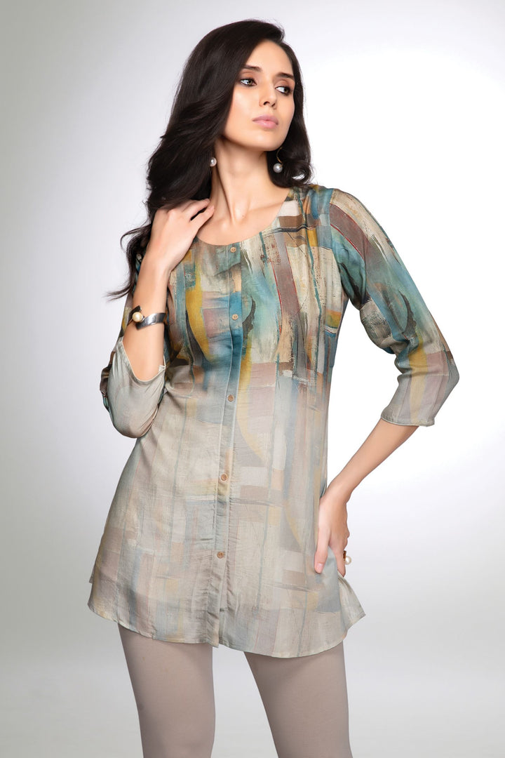 Beige Multicolor Digital Print Short Kurti