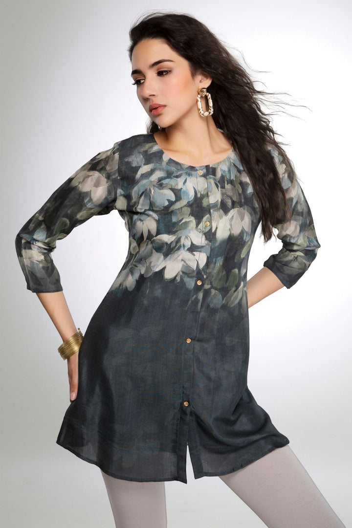 Dark Grey Floral Print Short Kurti