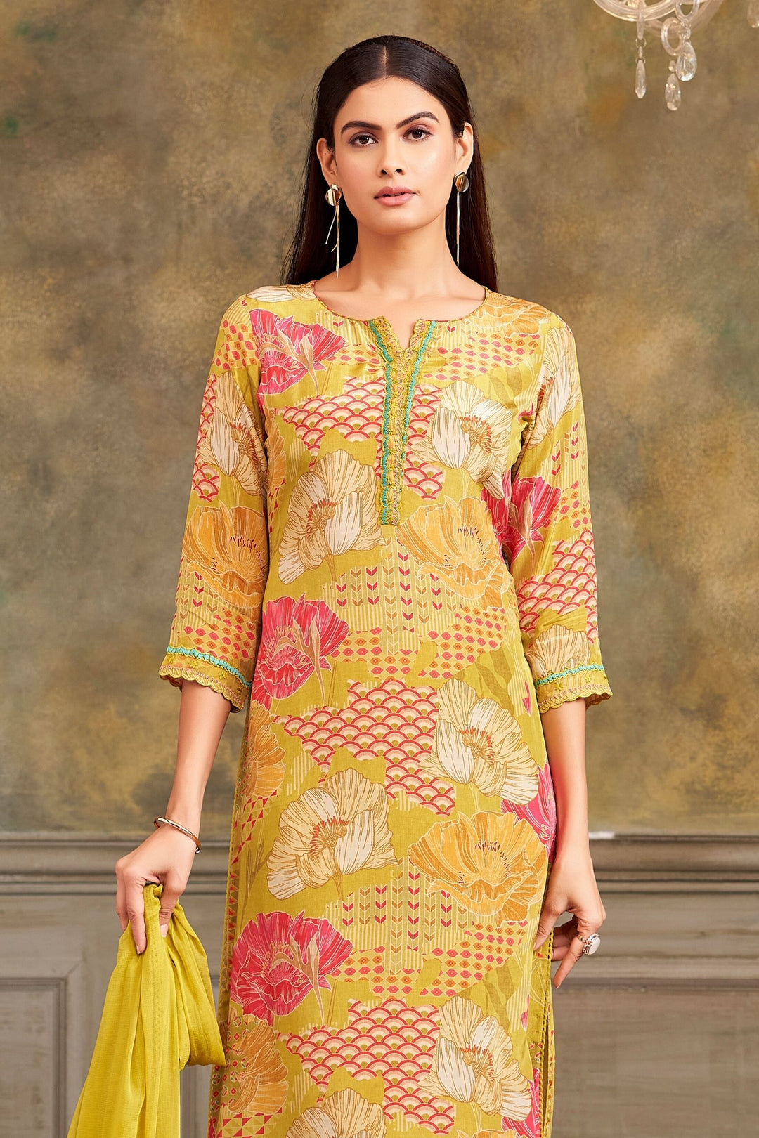 Lemon Green Floral Print and Lace work Straight Cut Salwar Suit