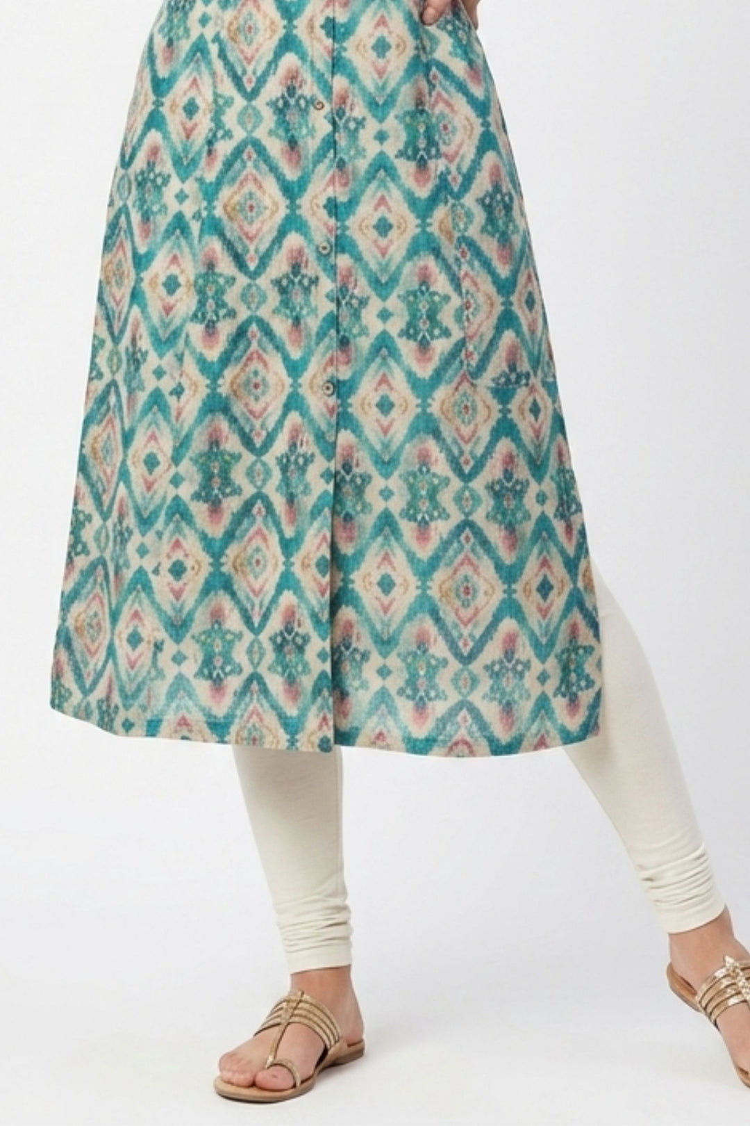 Beige with Blue Digital Print A-Line Cut Calf Length Kurti
