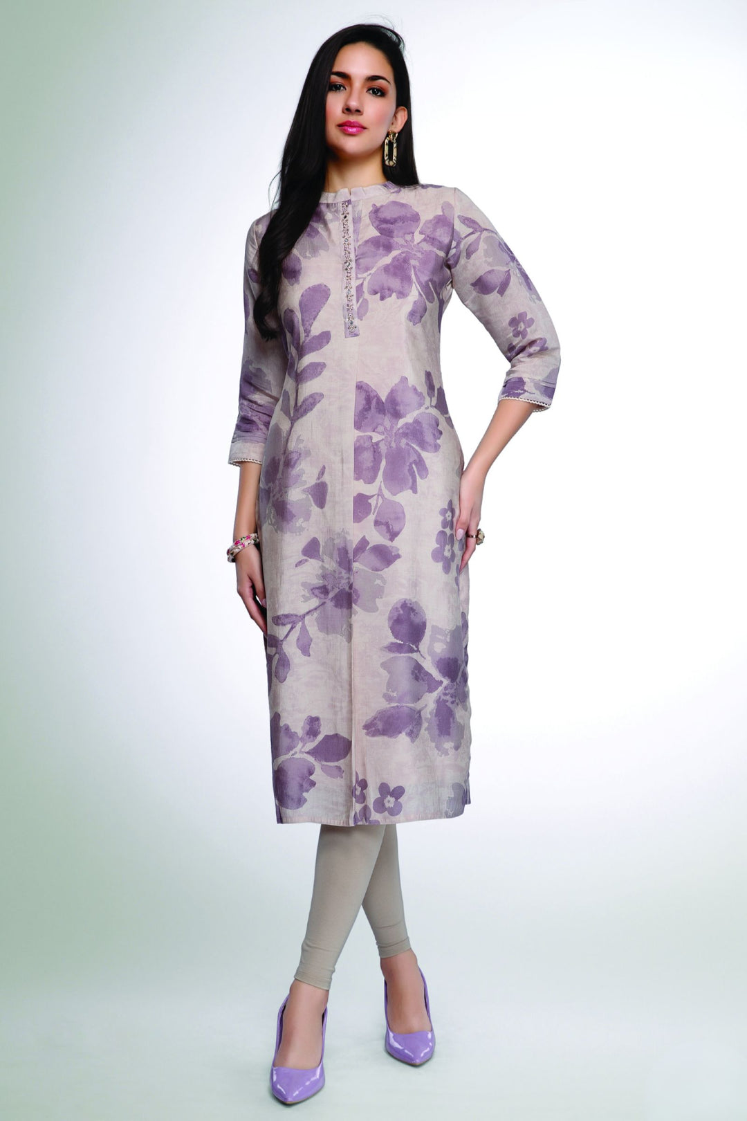 Beige with Purple Digital Print Calf Length Kurti