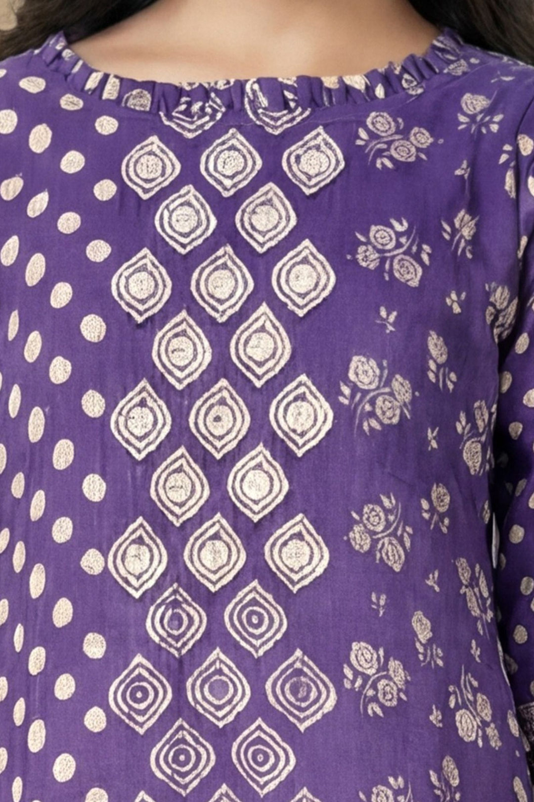 Purple Beads and Mirror work with Digital Print Anarkali Styled Salwar Suit for Girls