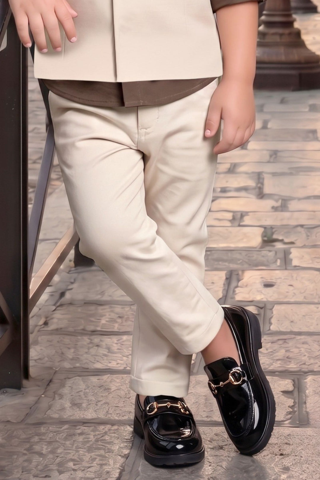 Beige Boys Waistcoat Set with Brown Shirt and Beige Pants