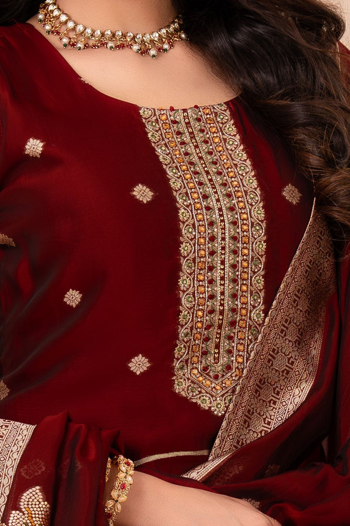 Maroon Banaras, Beads and Sequins work Straight Cut Salwar Suit