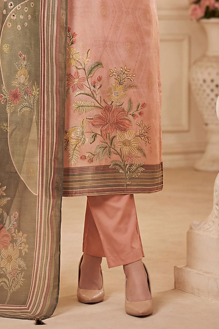 Onion Pink Beads, Zardozi, Zari and Sequins work with Digital Print Straight Cut Salwar Suit