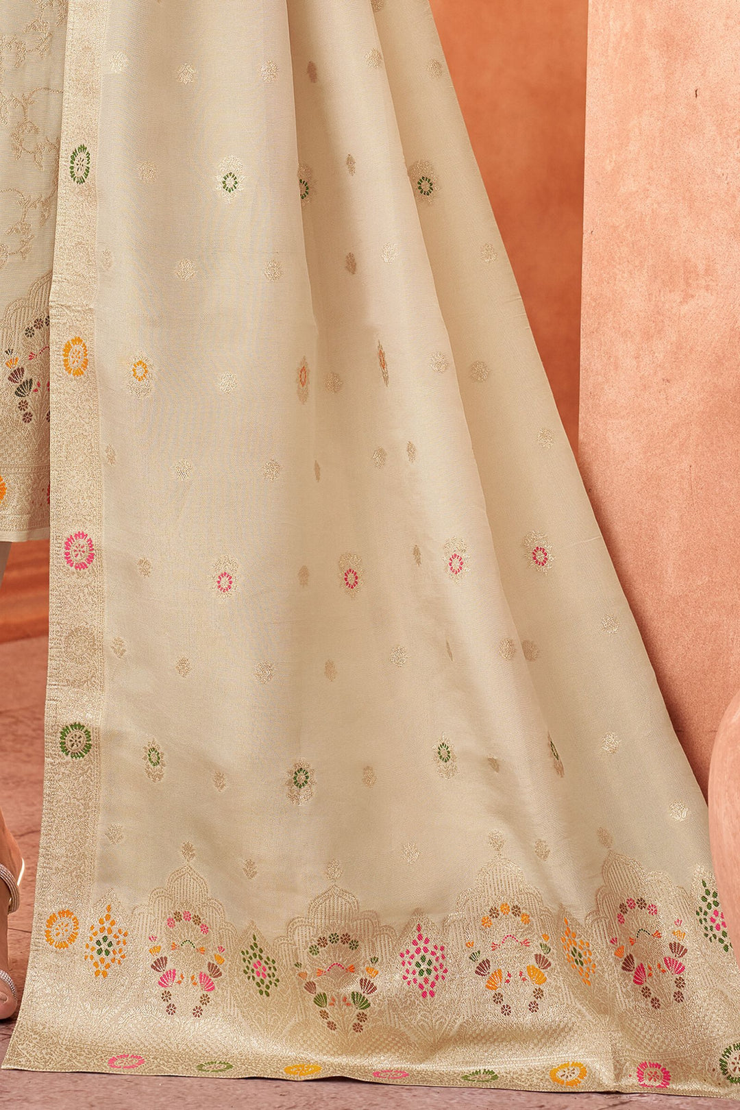 Cream Beads, Thread and Banaras work Straight Cut Salwar Suit