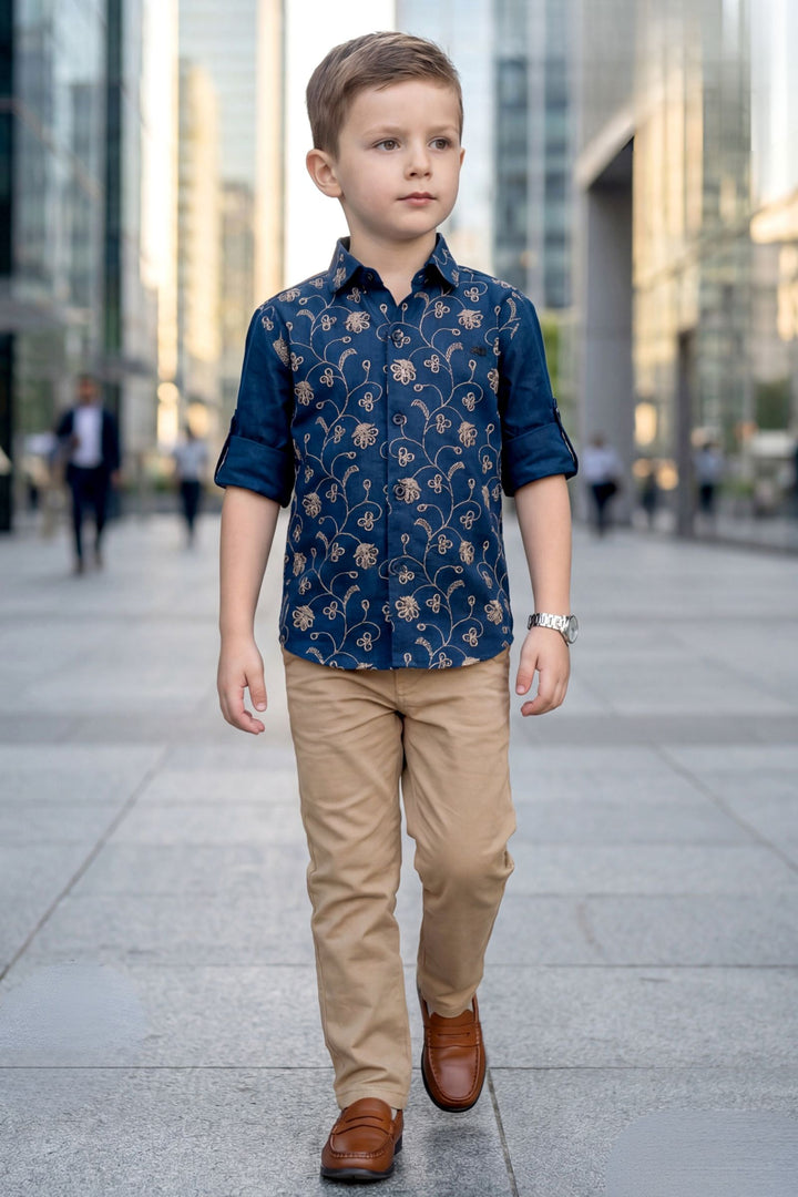 Blue Embroidery work Shirt and Brown Pant Set for Boys