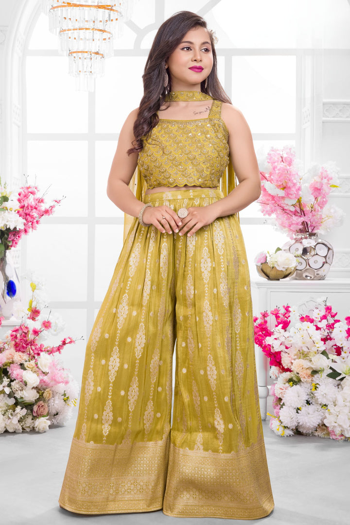 Mehendi Green Zari, Sequins and Beads work Palazzo Suit Set for Girls
