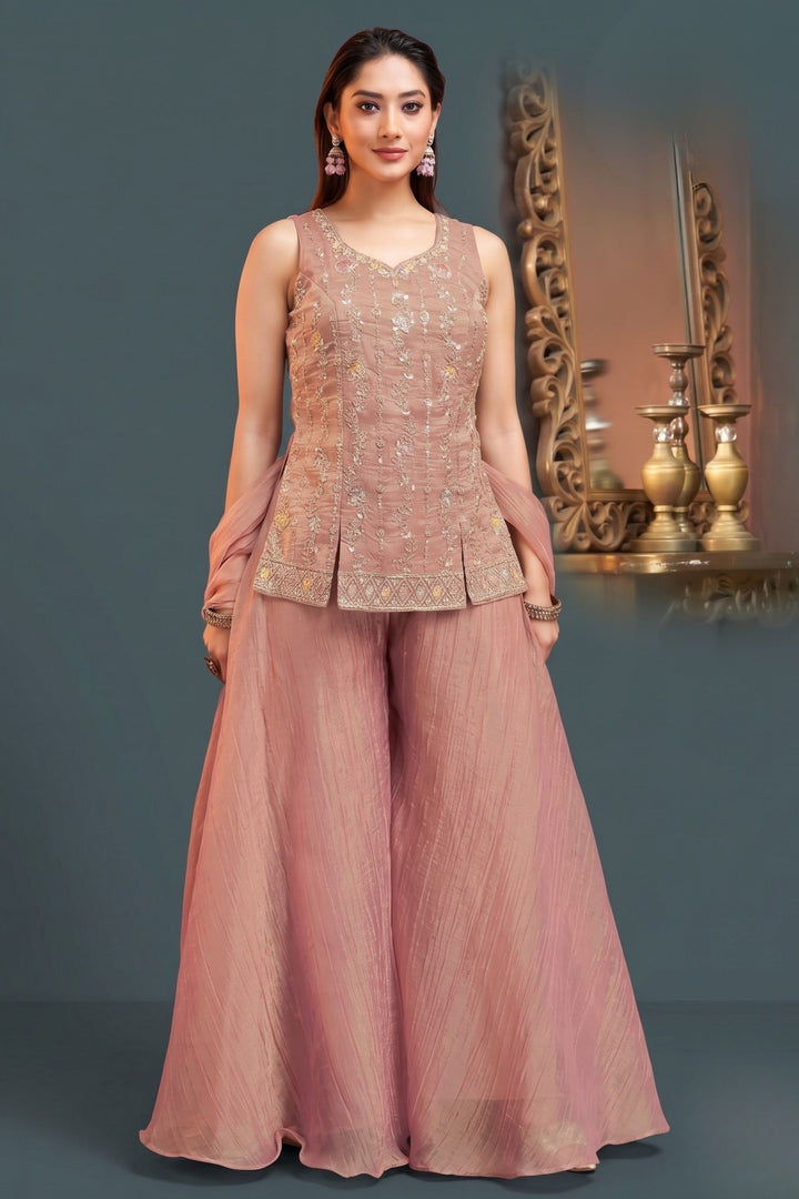 Peach Beads, Zari, Sequins and Thread work Palazzo Salwar Suit