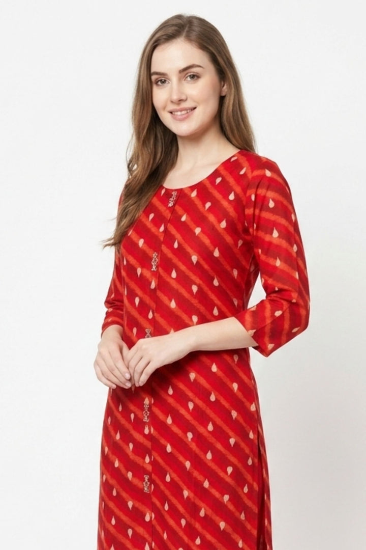 Red Beads, Sequins and Thread work with Digital Print Calf Length Kurti