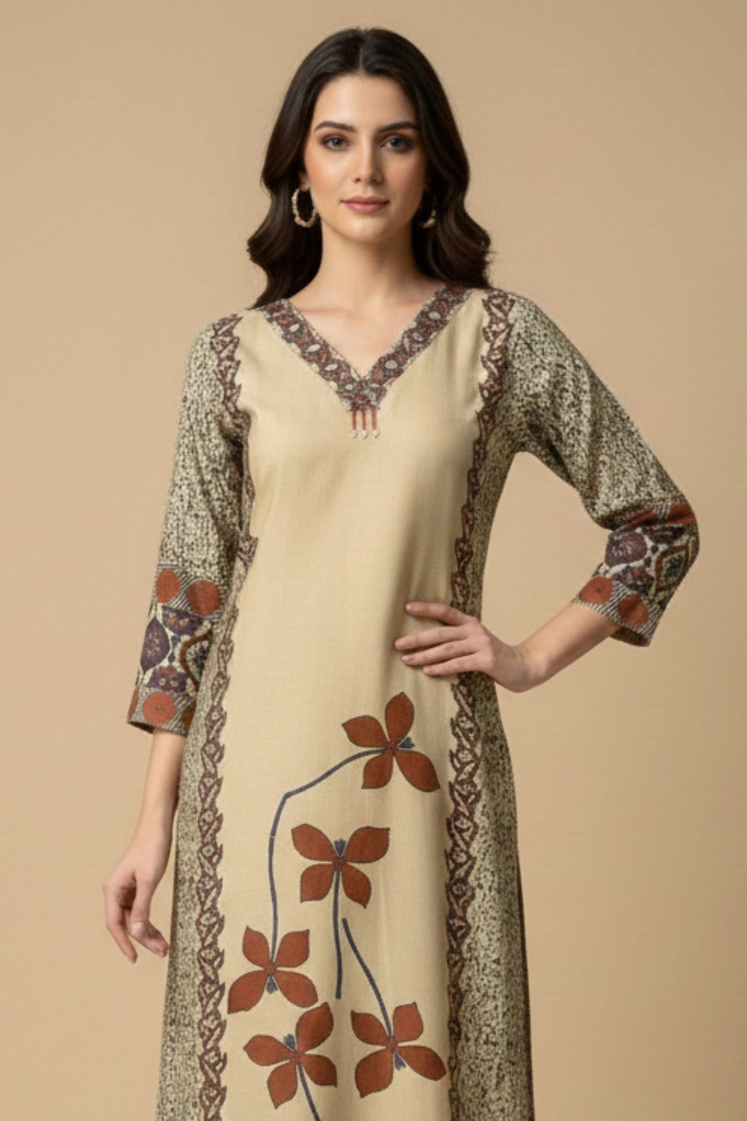Beige Beads work with Ajrakh Print Calf Length Kurti