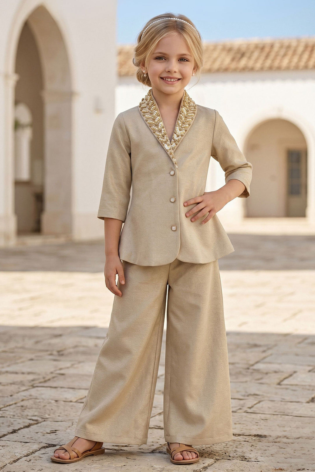 Fawn Sequins and Pearl work Palazzo Set for Girls