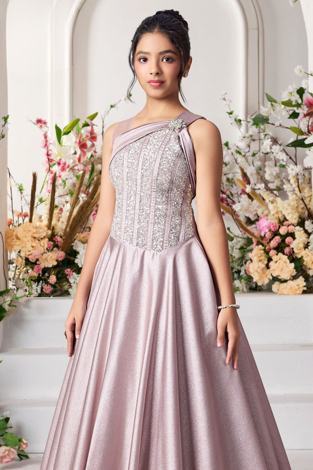 Light Lilac Sequins and Stone work Long Party Gown for Girls