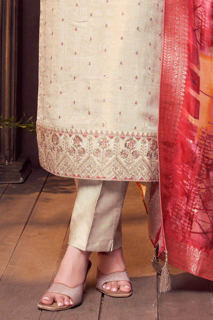 Beige Sequins, Beads and Zari work Straight Cut Salwar Suit