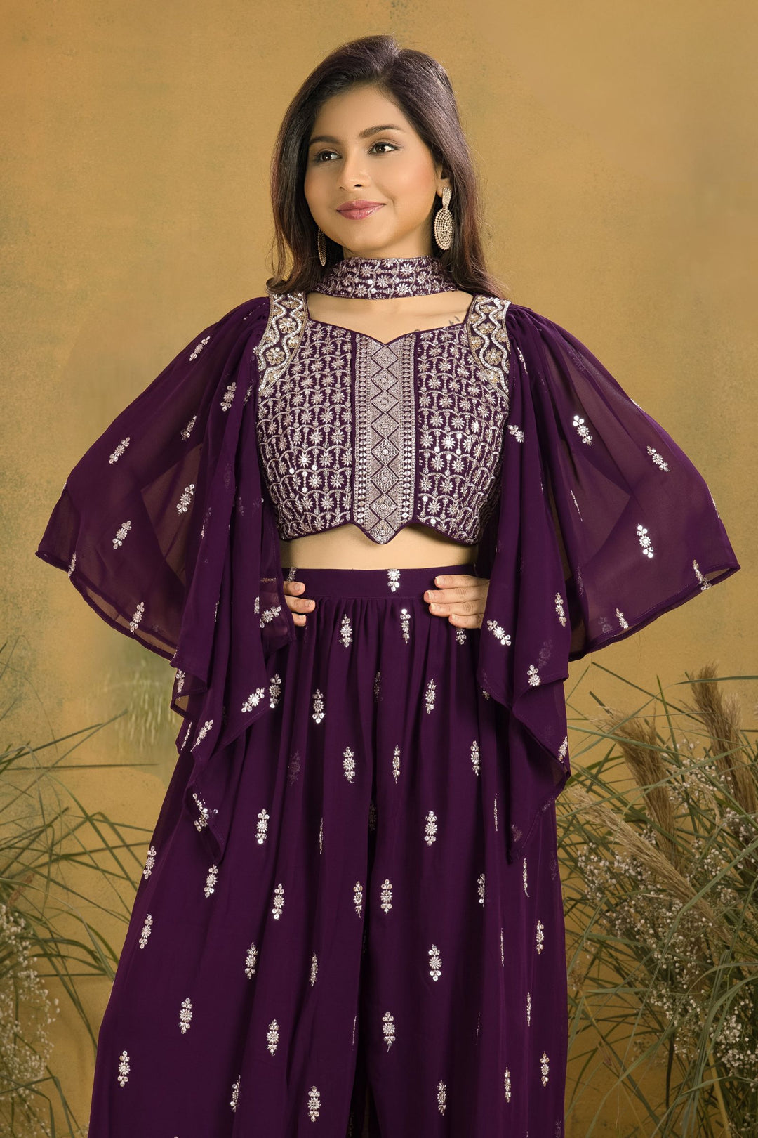 Dark Purple Sequins, Zari, Stone and Beads work Choli and Palazzo Set for Girls