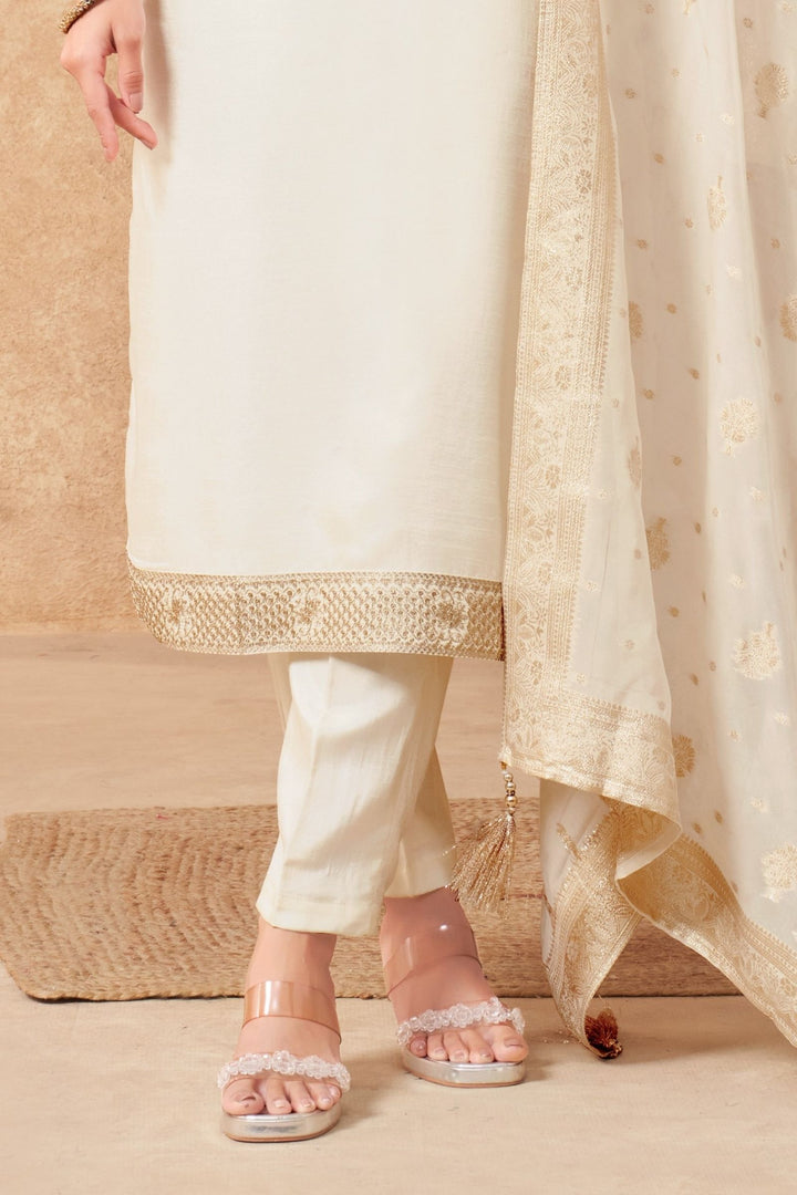 Cream Sequins, Zari, Beads and Zardozi work Straight Cut Salwar Suit