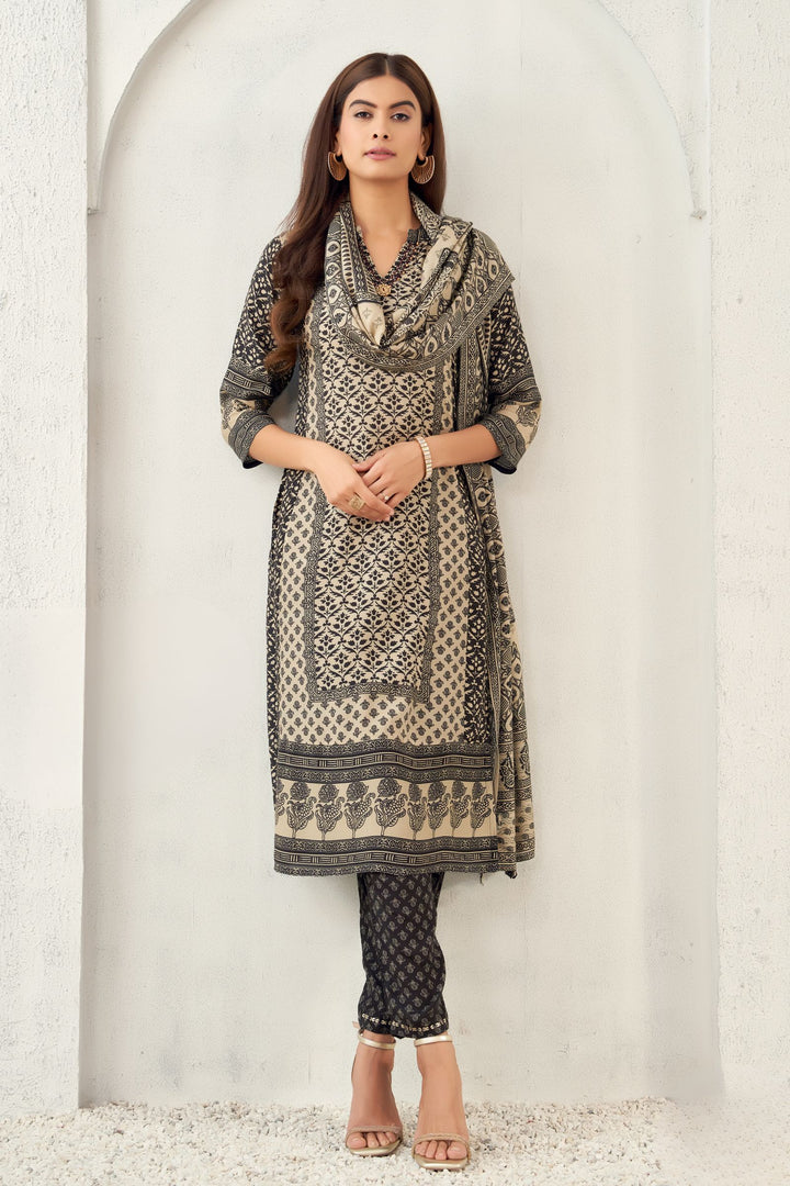 Black with Beige Digital Print Straight Cut Salwar Suit