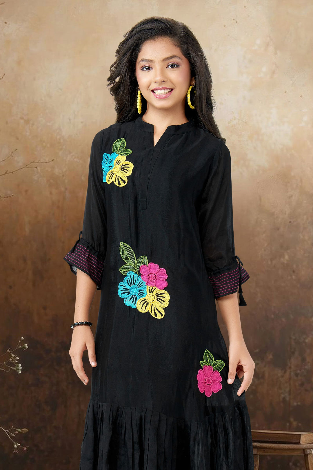 Black Multicolor Embroidery and Beads work Casual Kurti for Girls