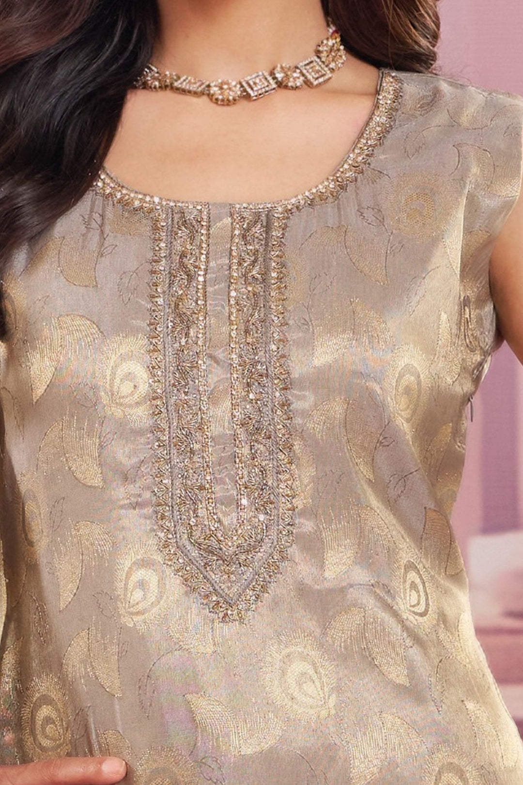 Grey Zardozi, Stone, Banaras and Beads work Straight Cut Salwar Suit