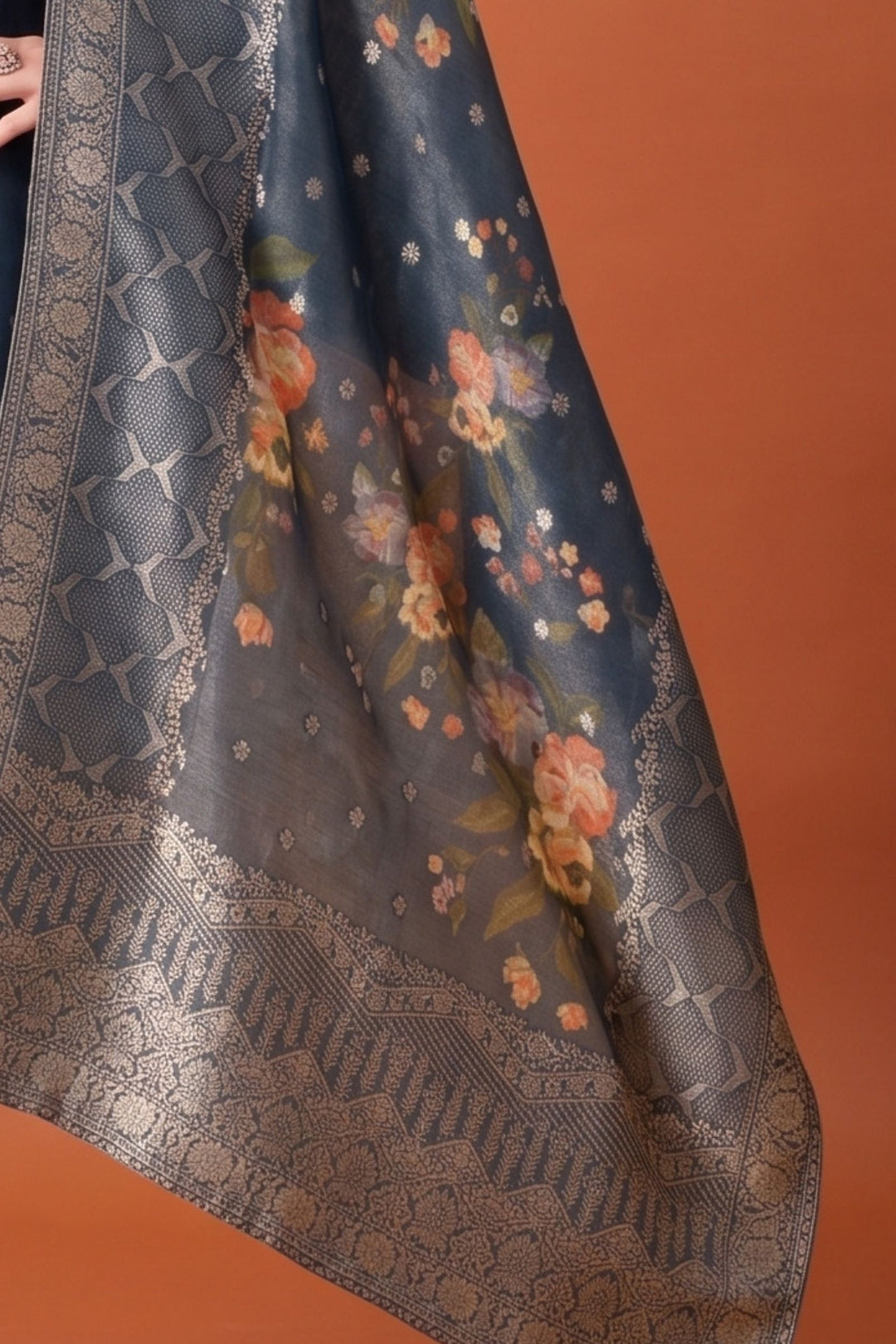Teal Blue Banaras, Beads, Stone and Sequins work Straight Cut Salwar Suit