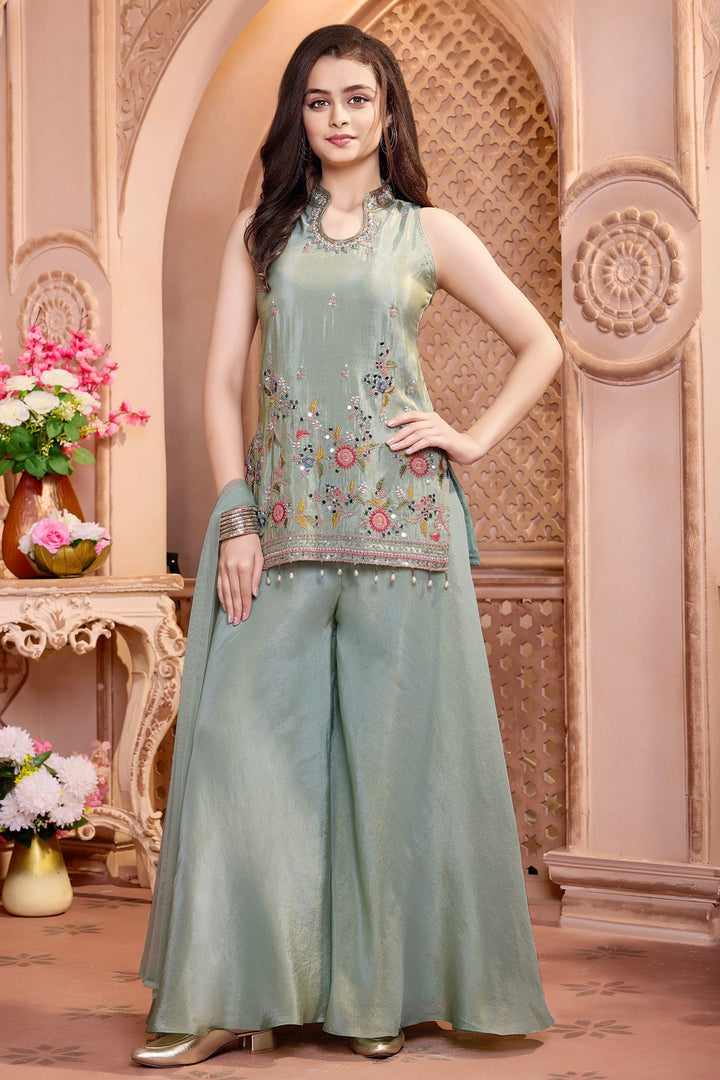 Sea Green Mirror, Beads and Multicolor Thread work Palazzo Suit Set for Girls