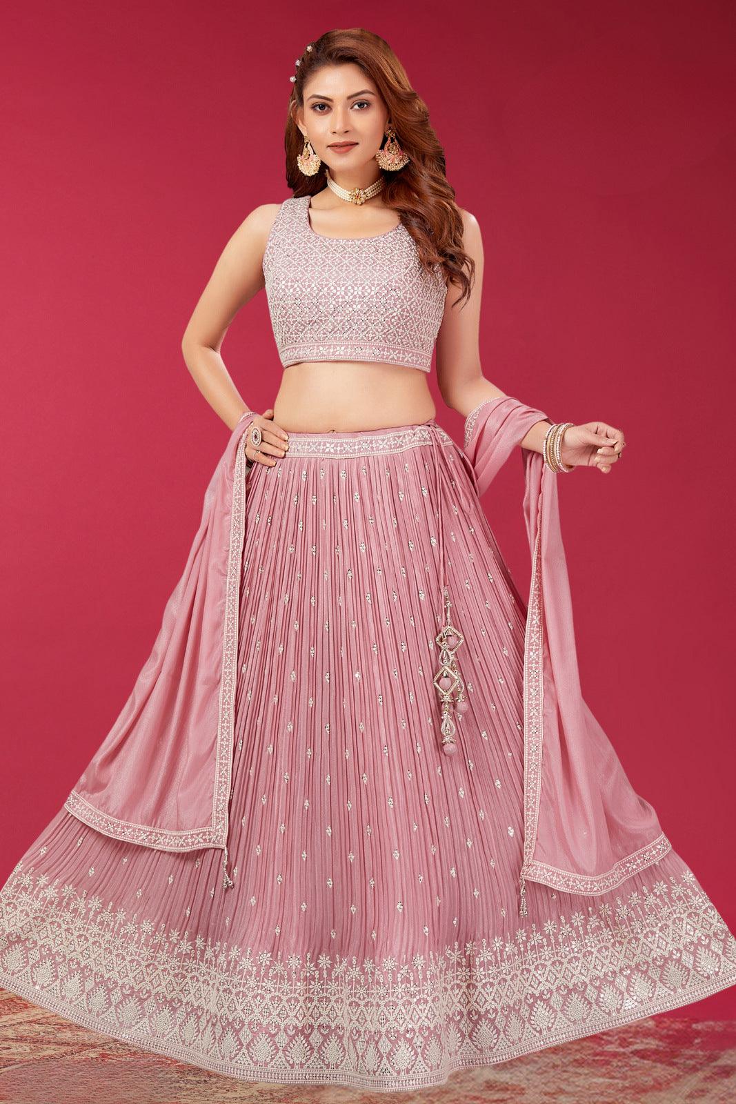 Pink with Grey Zari, Sequins and Stone work Crop Top Lehenga – Seasons  Chennai
