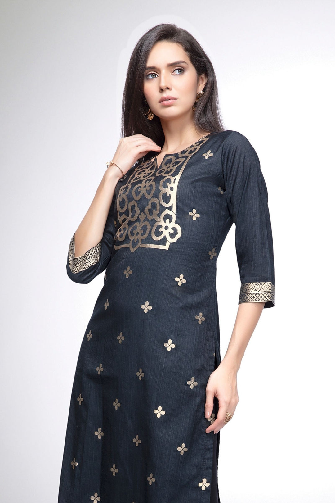 Black Banaras Zari Weaving Calf Length Kurti