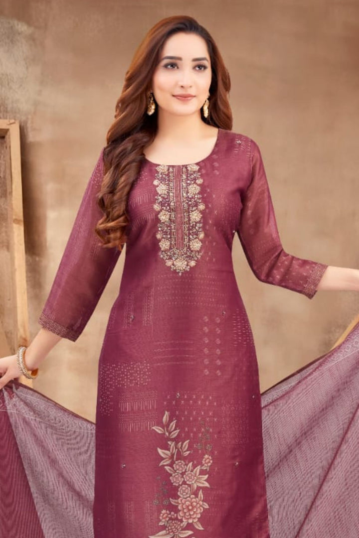 Wine Zardozi, Beads, Stone and Sequins work with Digital Print Straight Cut Salwar Suit