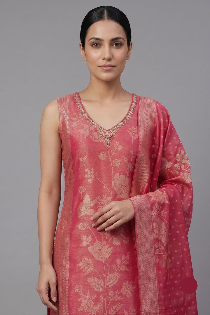 Rani Pink Brocade, Zardozi, Beads, Thread, Stone and Zari work Straight Cut Salwar Suit