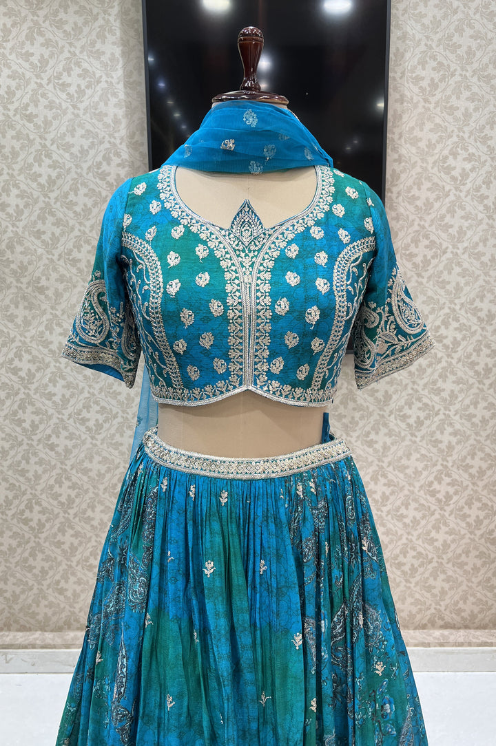 Peacock Blue with Green Sequins and Zari work with Digital Print Crop Top Lehenga