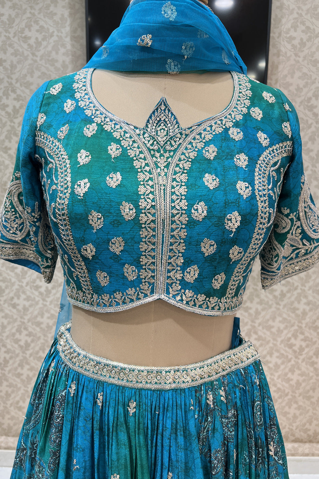 Peacock Blue with Green Sequins and Zari work with Digital Print Crop Top Lehenga