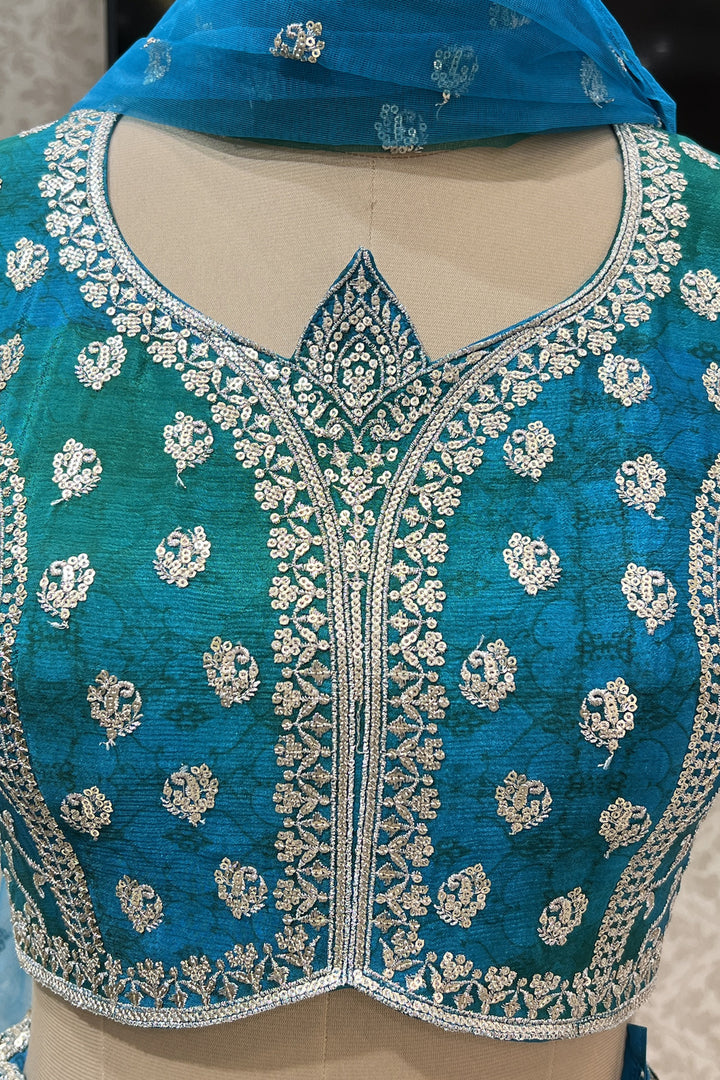 Peacock Blue with Green Sequins and Zari work with Digital Print Crop Top Lehenga