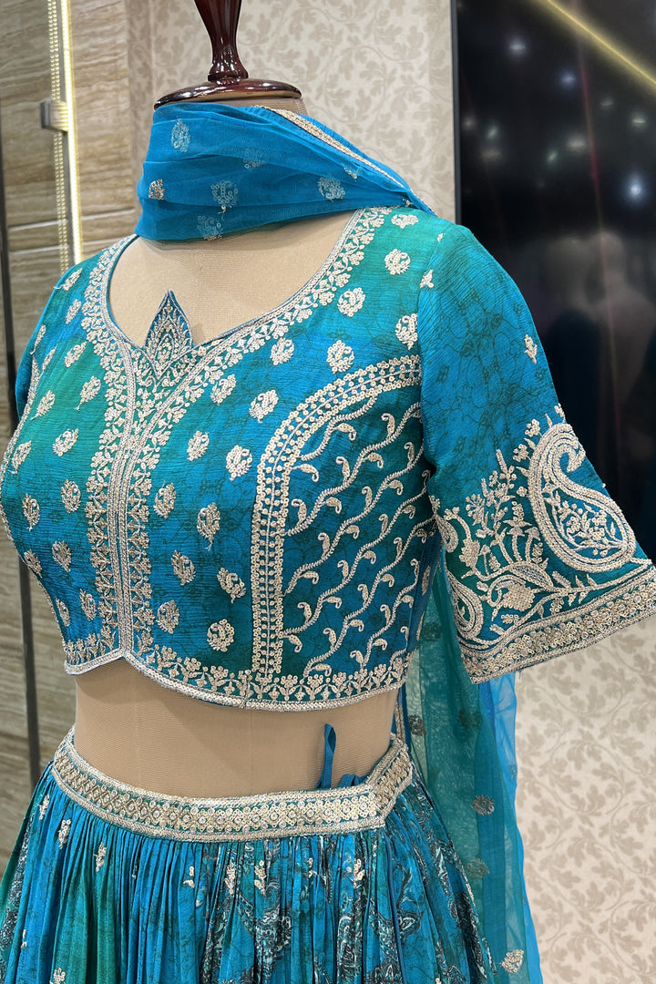 Peacock Blue with Green Sequins and Zari work with Digital Print Crop Top Lehenga