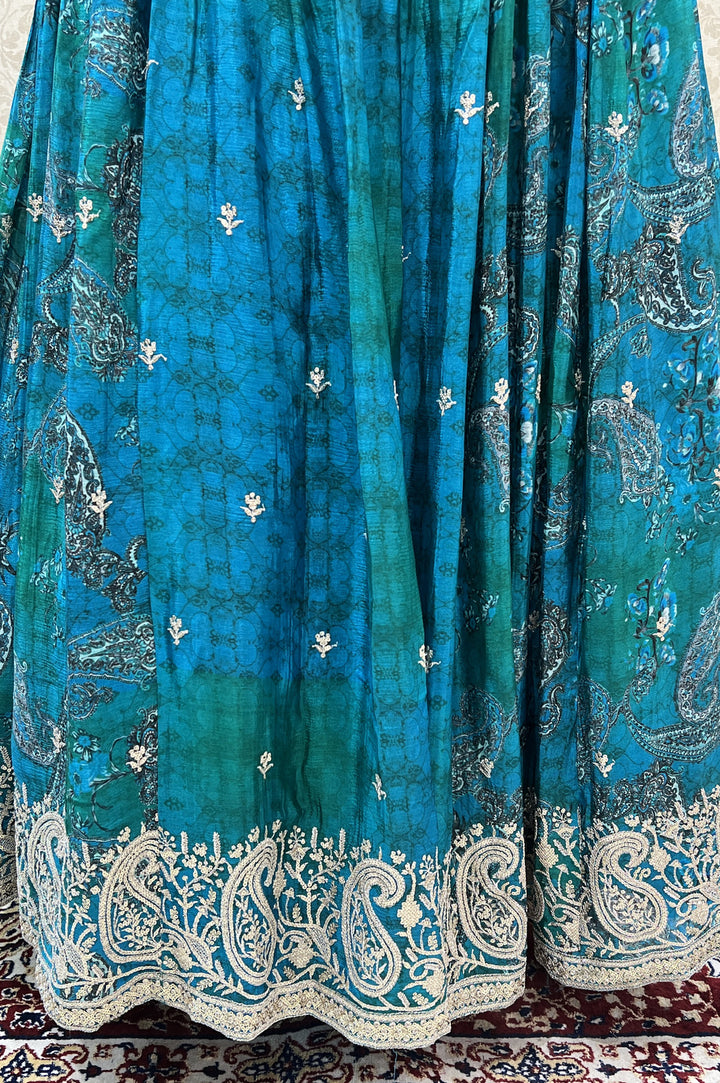 Peacock Blue with Green Sequins and Zari work with Digital Print Crop Top Lehenga