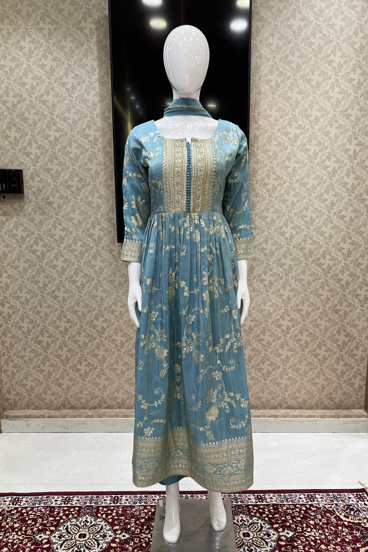 Sea Blue Banaras, Beads, Sequins and Mirror work Salwar Suit with Straight Pants