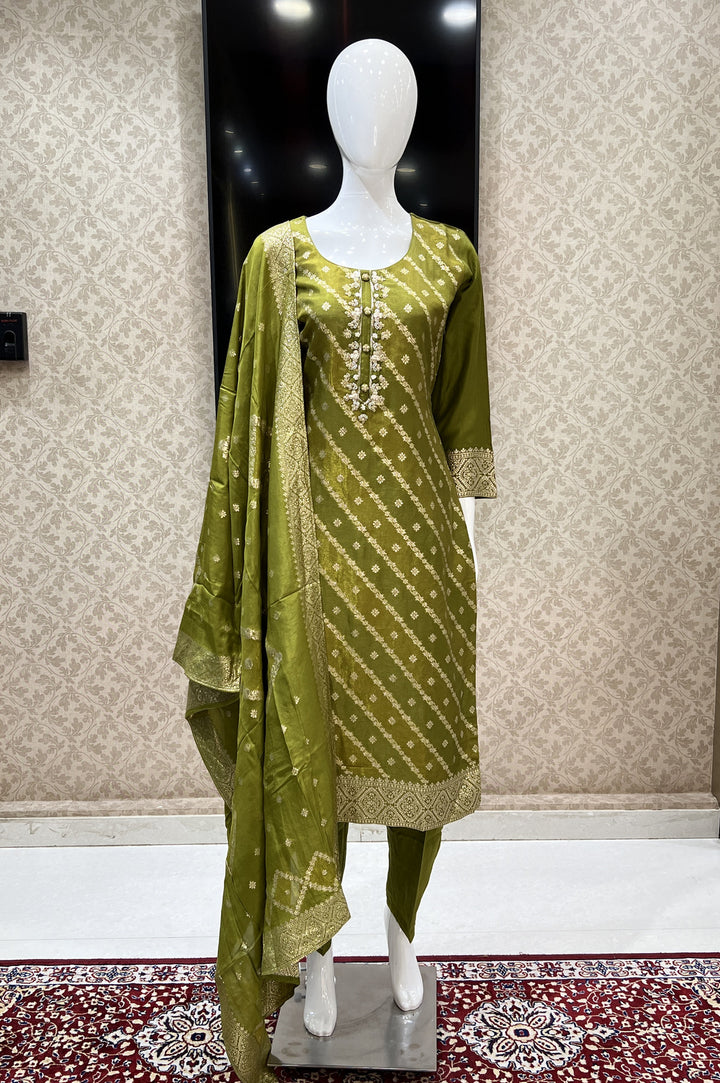 Olive Green Banaras, Zardozi, Pearl and Beads work Straight Cut Salwar Suit