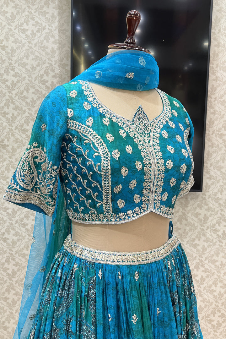 Peacock Blue with Green Sequins and Zari work with Digital Print Crop Top Lehenga