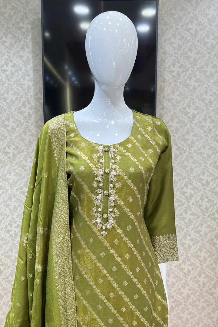 Olive Green Banaras, Zardozi, Pearl and Beads work Straight Cut Salwar Suit