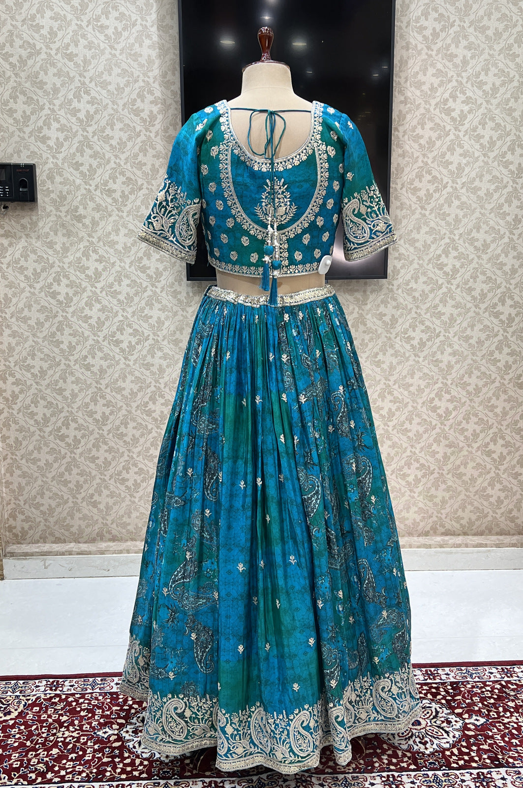 Peacock Blue with Green Sequins and Zari work with Digital Print Crop Top Lehenga