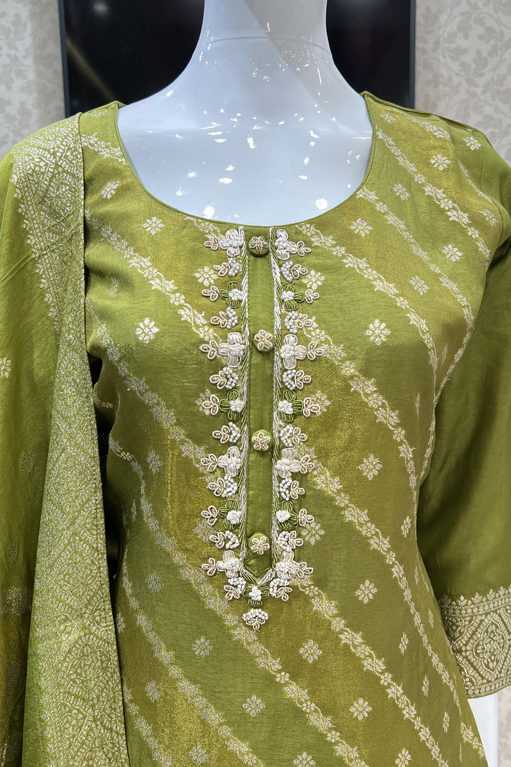 Olive Green Banaras, Zardozi, Pearl and Beads work Straight Cut Salwar Suit