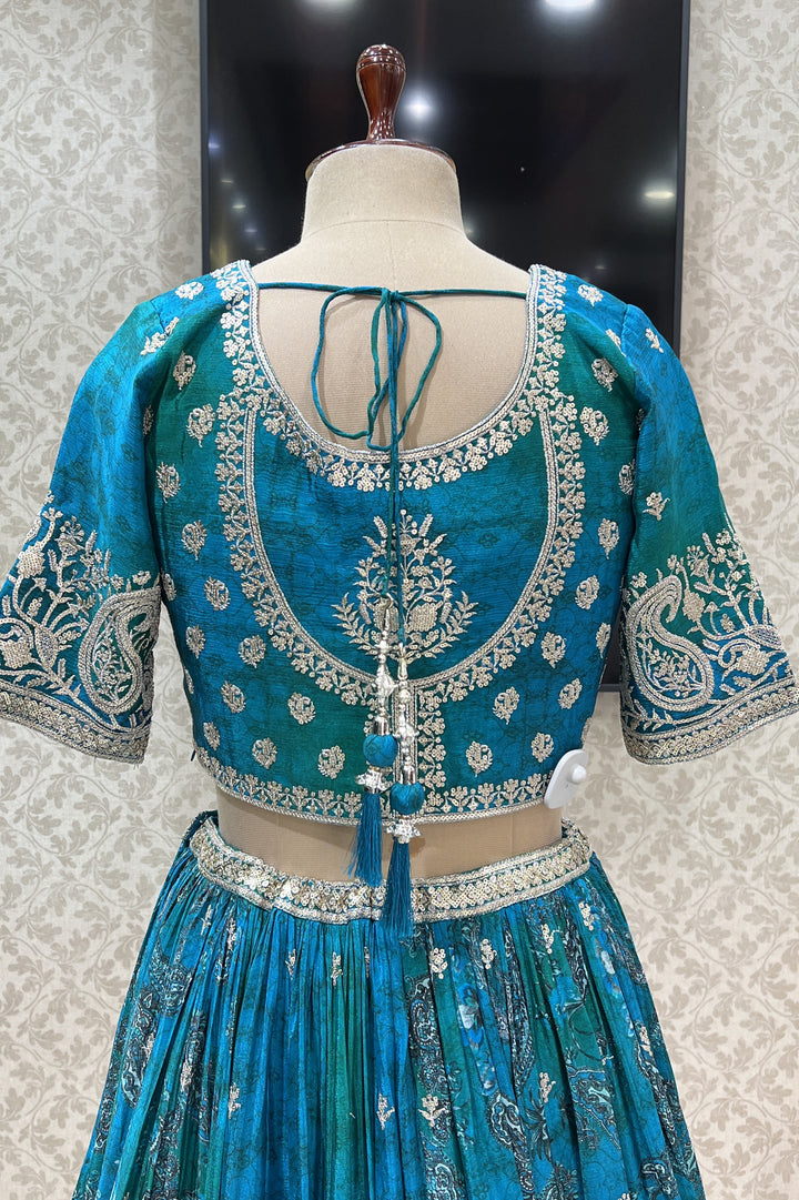 Peacock Blue with Green Sequins and Zari work with Digital Print Crop Top Lehenga