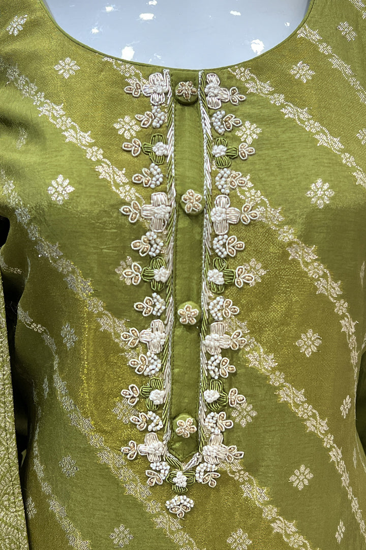 Olive Green Banaras, Zardozi, Pearl and Beads work Straight Cut Salwar Suit