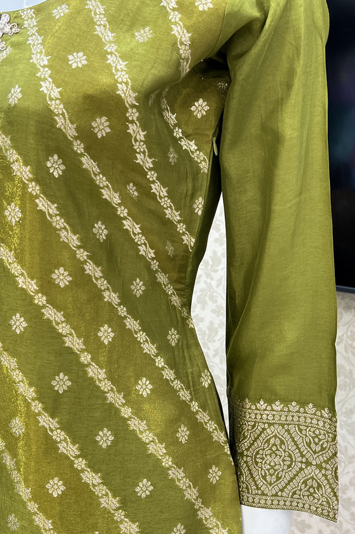 Olive Green Banaras, Zardozi, Pearl and Beads work Straight Cut Salwar Suit