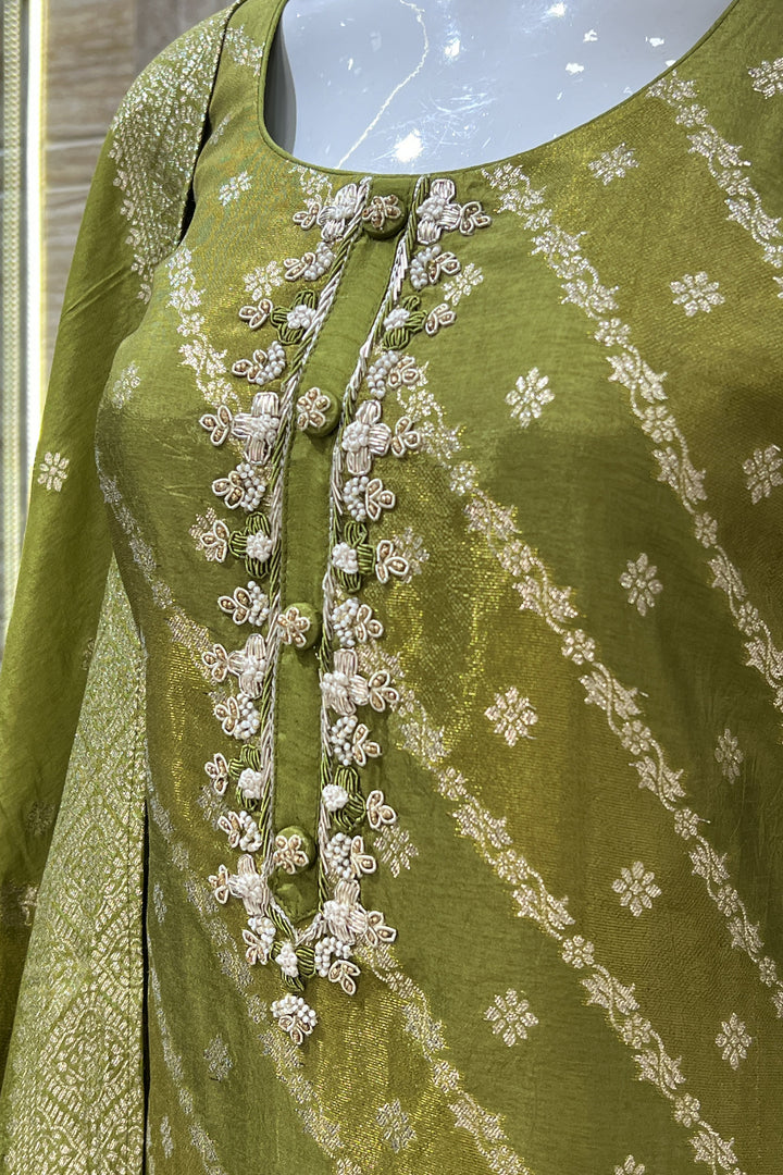 Olive Green Banaras, Zardozi, Pearl and Beads work Straight Cut Salwar Suit