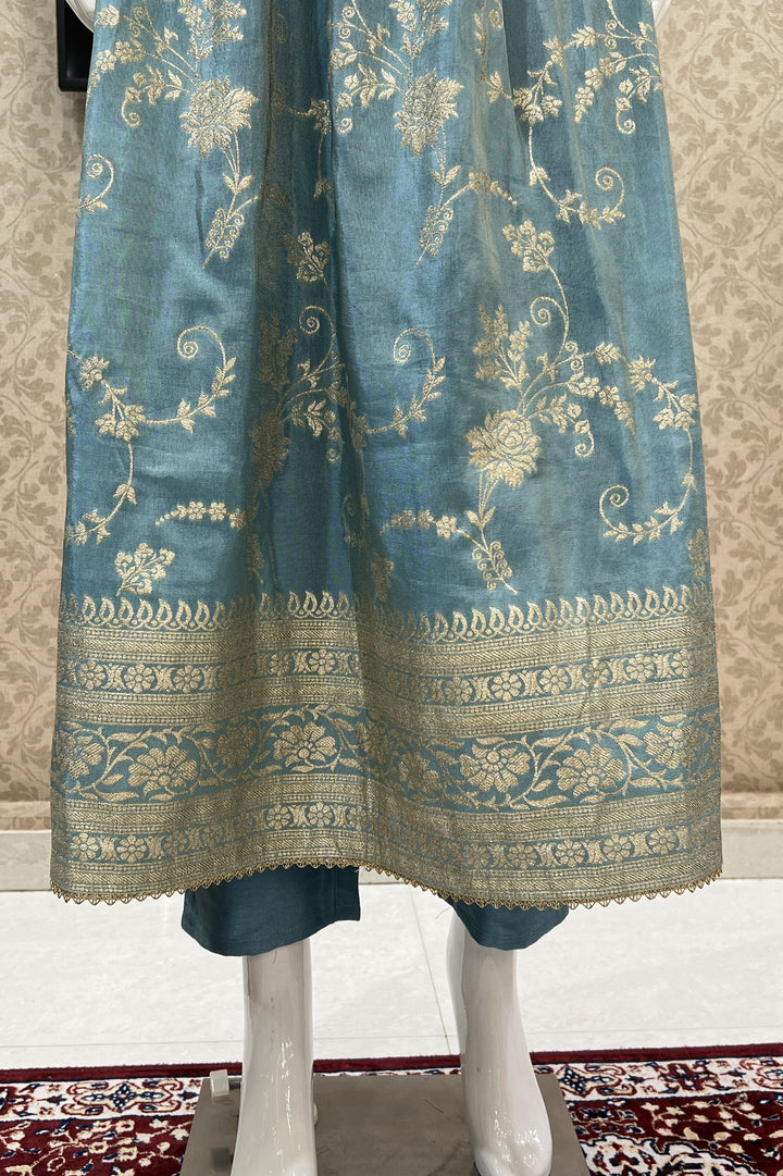 Sea Blue Banaras, Beads, Sequins and Mirror work Salwar Suit with Straight Pants