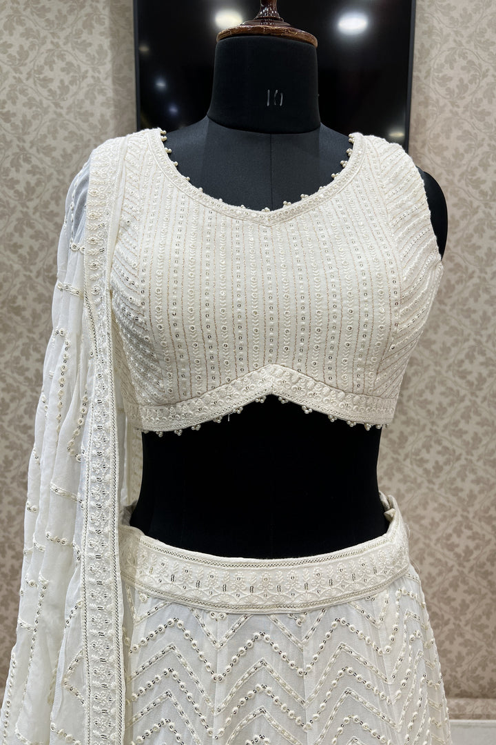 Cream Sequins and Thread work Crop Top Lehenga