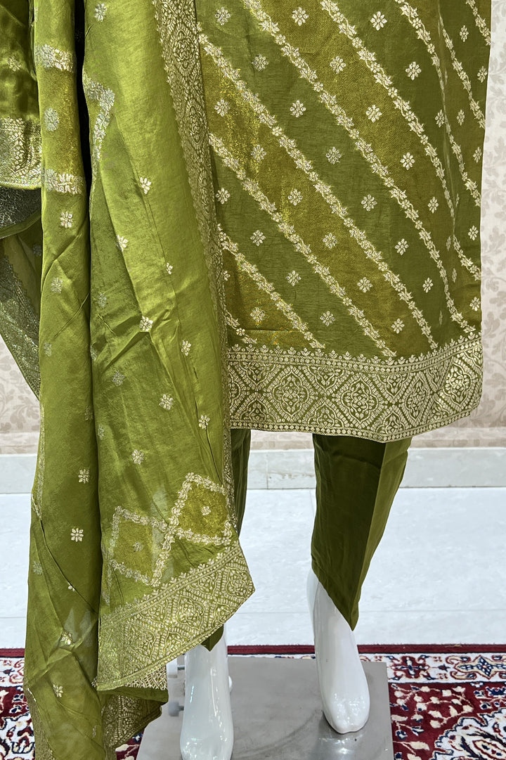 Olive Green Banaras, Zardozi, Pearl and Beads work Straight Cut Salwar Suit