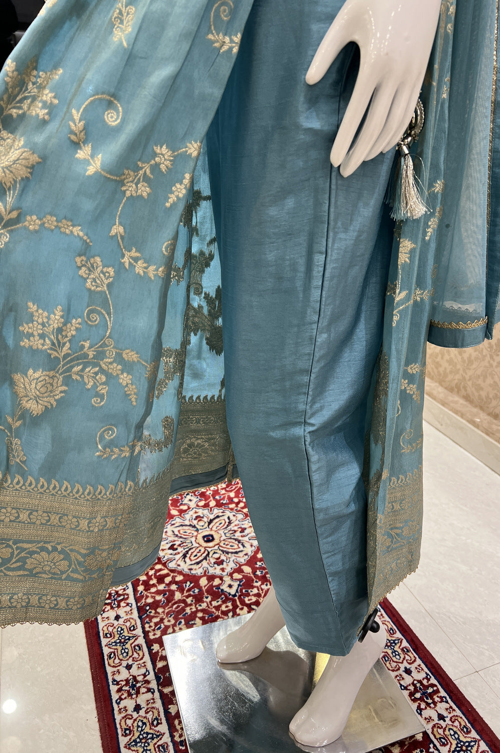 Sea Blue Banaras, Beads, Sequins and Mirror work Salwar Suit with Straight Pants