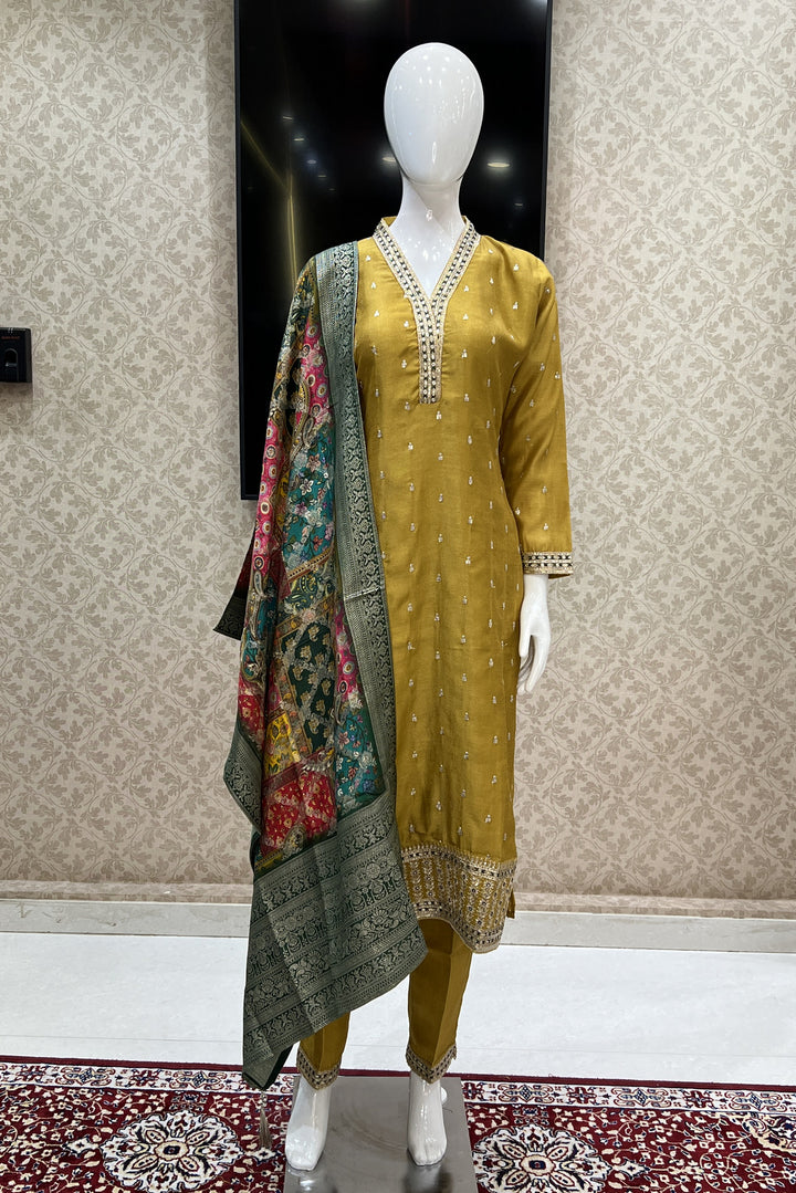 Mustard Sequins, Thread and Zari work Straight Cut Salwar Suit with Digital Print Dupatta