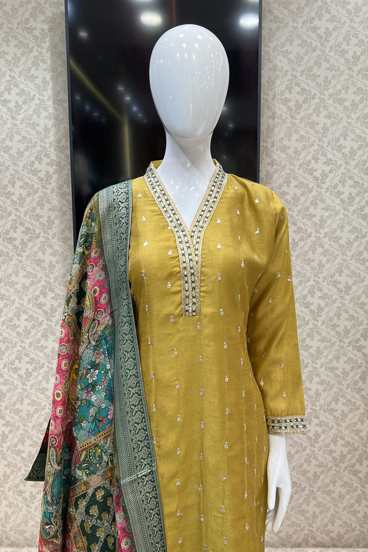 Mustard Sequins, Thread and Zari work Straight Cut Salwar Suit with Digital Print Dupatta